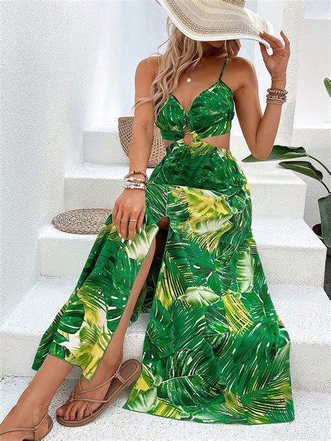 Shein Vcay Tropical Print Cut Out Split Thigh Cami Dress Shein Uk