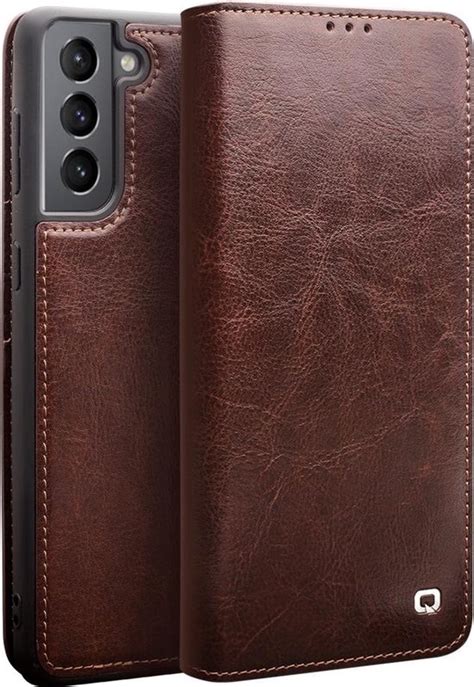 Qialino Echt Lederen Luxe Wallet Hoes Samsung Galaxy S21 Bruin