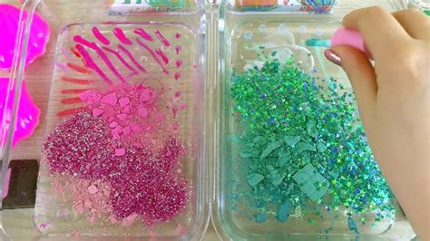 MINT Vs PINK SLIME Mixing Makeup And Glitter Into Clear Slime