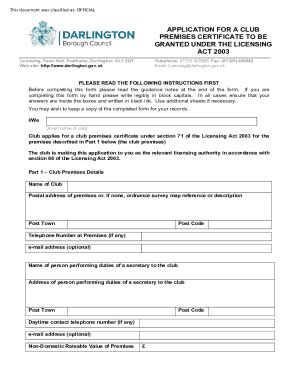 Fillable Online Club Premises Certificate Durham County Council Fax