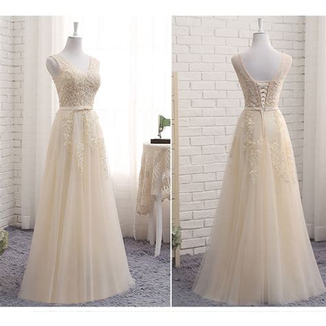 Beauty Emily V Neck Evening Dresses Long Sleeveless Lace Appliques