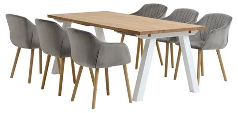 Skagen L Tafel Wit Eiken Adslev Stoelen Fluweel Grijs Jysk