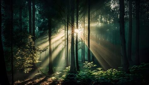 Un bosque con rayos de sol brillando a través de los árboles Foto