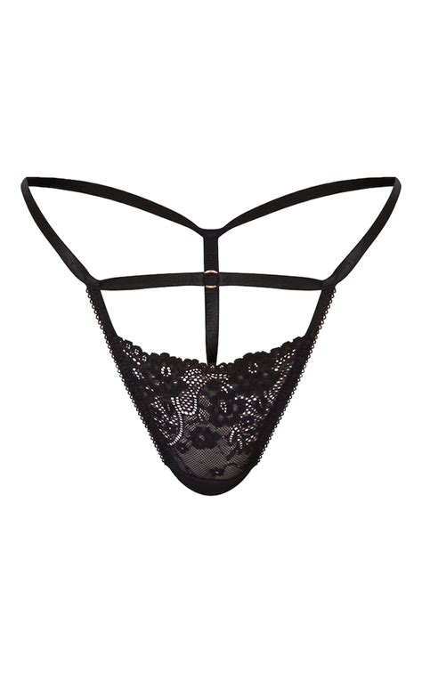 Black Floral Lace Strapping Detail Thong Lingerie And Nightwear Prettylittlething