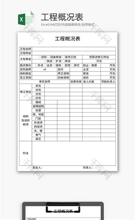 工程概况表excel模板千库网excelid：140687