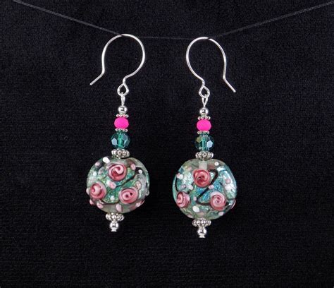 Handcrafted Green Pink Lampwork Glass Bead Silver Dangle Drop Earrings