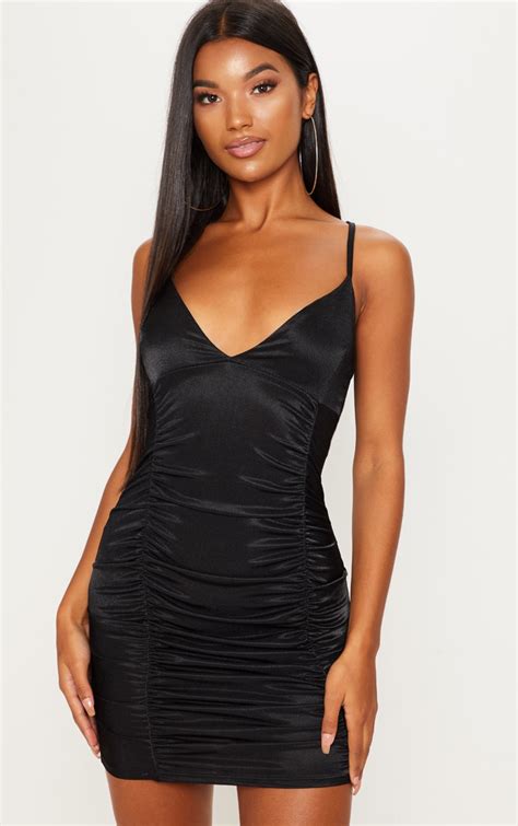 Black Satin Ruched Bodycon Dress Dresses Prettylittlething