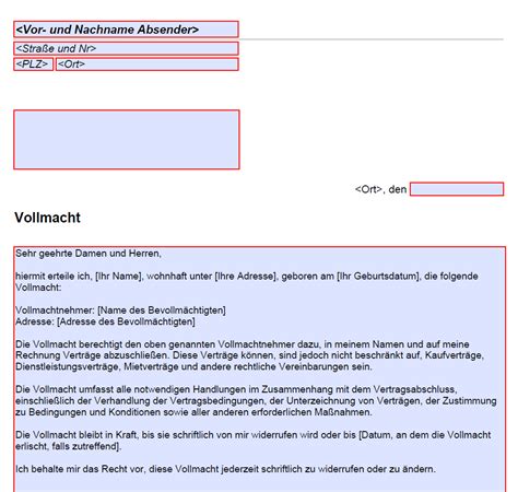 Vollmacht Vertragsabschluss Kostenlose Vordrucke