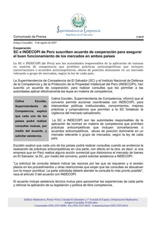 Sc E Indecopi De Per Suscriben Acuerdo De Cooperaci N Para Asegurar El