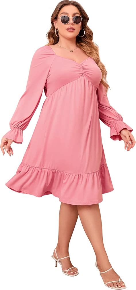 Kojooin Women Plus Size Dress Solid Mini Long Sleeve Sweetheart Neck