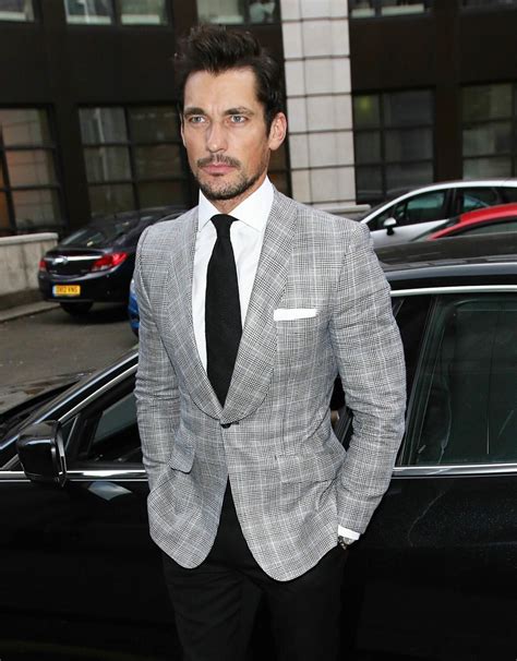 David Gandy Wearing Grey Plaid Blazer White Dress Shirt Black Dress Pants Black Tie Mens