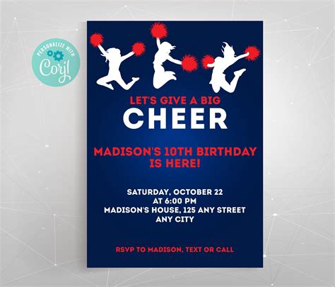 Editable Printable Minimalistic Cheerleader Birthday Party Invitation