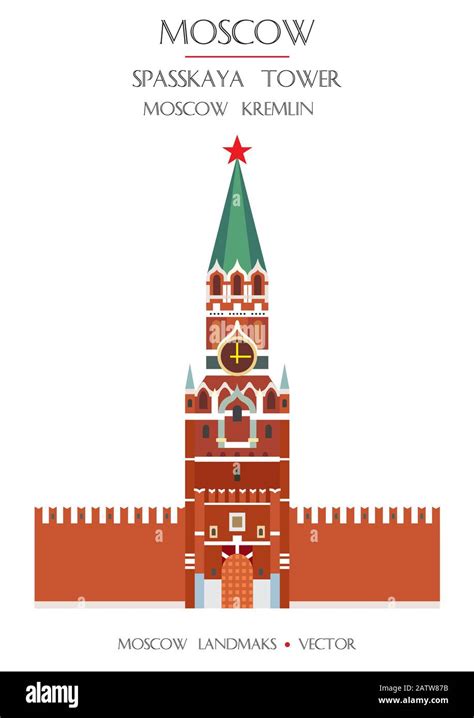 Colorful Vector Spasskaya Tower Of The Moscow Kremlin Famous Landmark Of Moscow Russia Vector