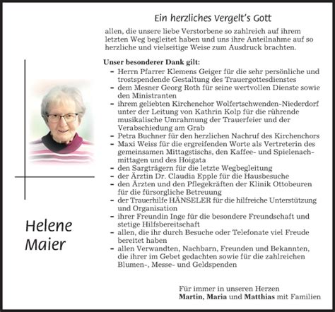 Traueranzeigen von Helene Maier Allgäuer Zeitung