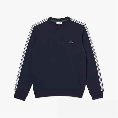 Lacoste Grote Maat Sweater Ronde Hals Donkerblauw Logo Stripe