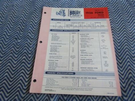 Holley Carburetor Data Spec Chart 1956 Ford 302 Cid 8 Cylinder Truck Ebay