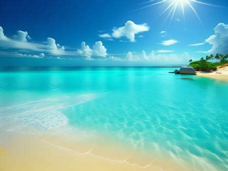 A Beautiful Beach With Clear Blue Water And White Sand Image Design