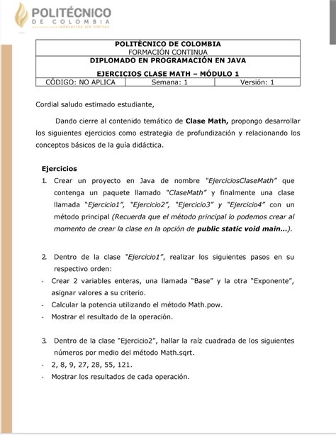 Módulo 1 Ejercicios Clase Math POLITÉCNICO DE COLOMBIA FORMACIÓN