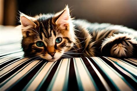 Premium Ai Image Cute Kitten With Striped Fur Sleeping On Blanket