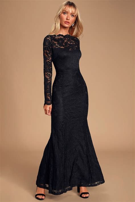 Black Lace Long Sleeve Dress Floor Length Dresses Images 2022