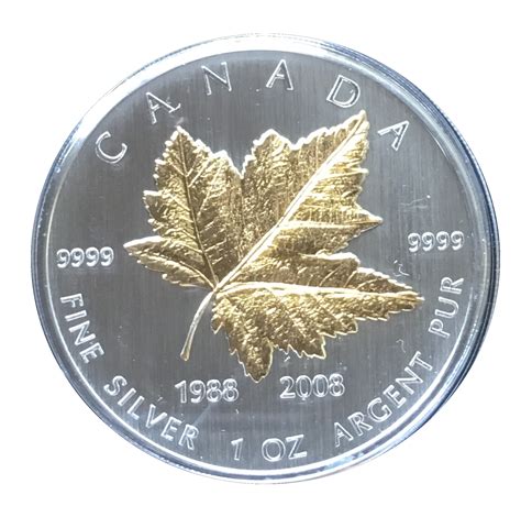 2008 Canada 20th Anniversary Gold Plated Silver Maple Leaf Coins