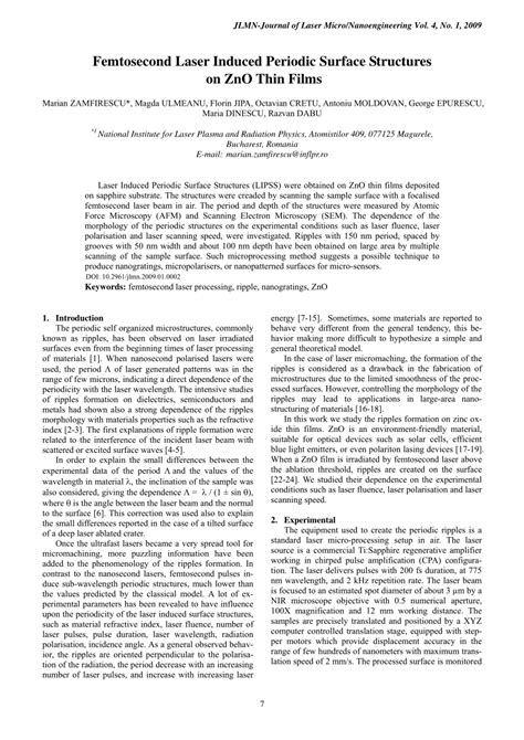 Pdf Femtosecond Laser Induced Periodic Surface Structures On Zno Thin