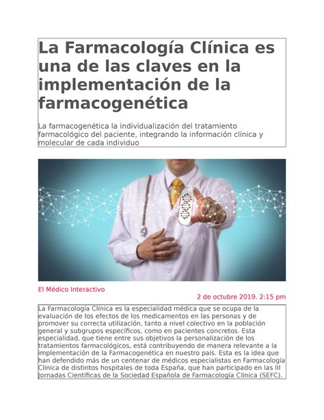 La Farmacología Clínica es una de las claves en la implementación de la