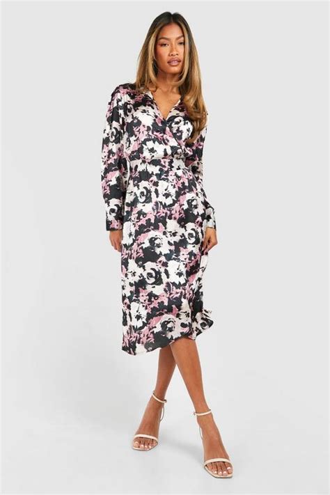 Dark Floral Satin Wrap Midi Dress Boohoo Uk