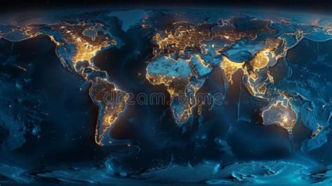 Night Map of the World with Glowing Lights. Illuminated Geographical ...