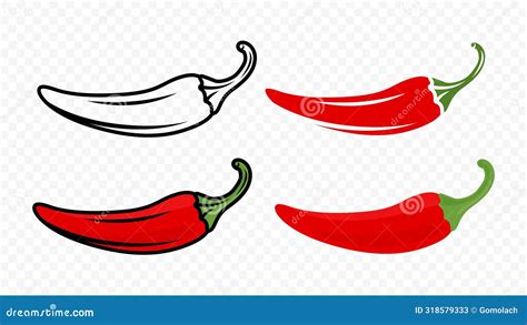 Cartoon Red Hot Chili Pepper Icon Set Closeup Isolated Hand Drawn Spicy Chili Pepper Vector