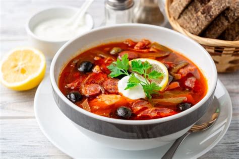 Soup Solyanka Is A Combined Meat Soup With Smoked Meat Various Types