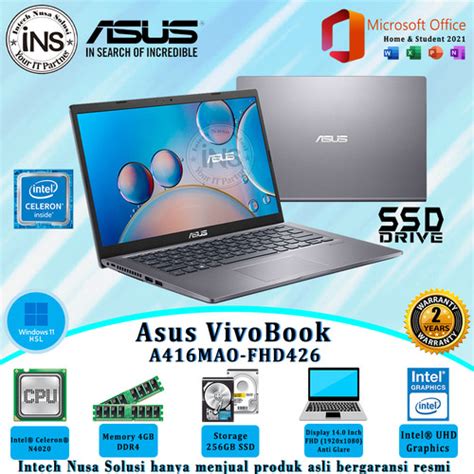 Jual ASUS VivoBook A416MAO FHD426 Celeron N4020 4GB 256GB SSD W11HSL