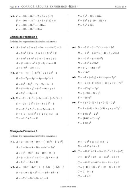 Réduire les expressions littérales Corrigé série d exercices 2