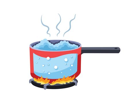 Boiling Water In Red Pot Pan On Top Of Stove Flames With Smokes Vector