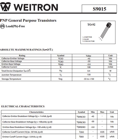 S9015 Datasheet PDF Weitron PNP General Purpose Transistors