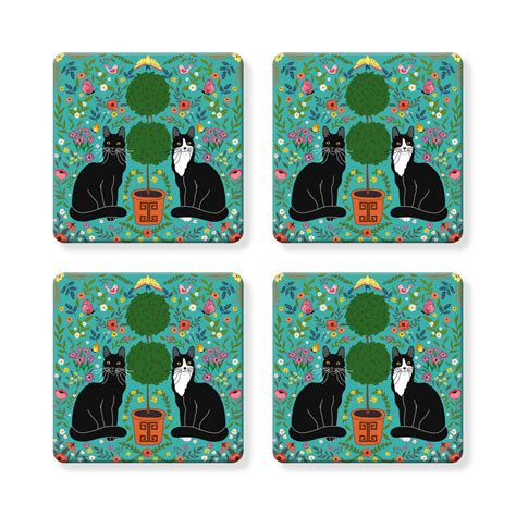 Set Of 4 MDF Coasters Black Cat And Tuxedo Cat With Topiary Naked Decor