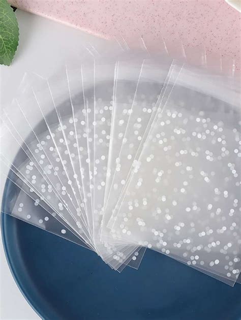 100pcs Clear Plastic Self Adhesive Candy Cookies Bag With White Polka