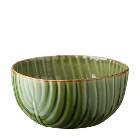 Banana Leaf Pasta Bowl Green Gloss With Brown Rim Jenggala Keramik