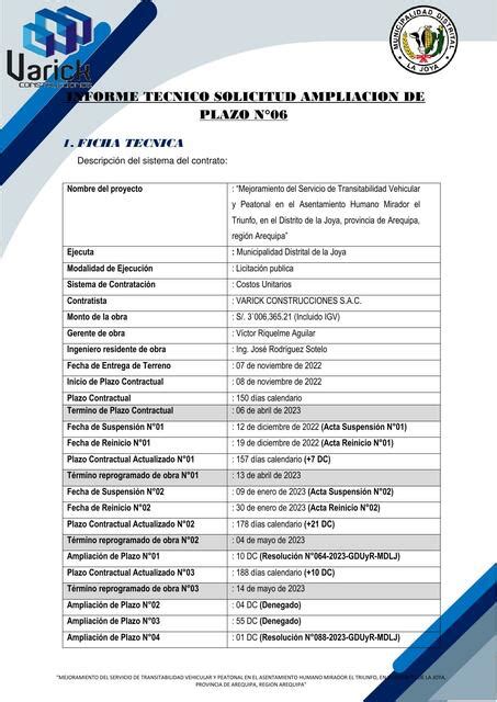 Informe Tecnico Solicitud De Ampliacion De Plazo Brayan Pancca Quispe