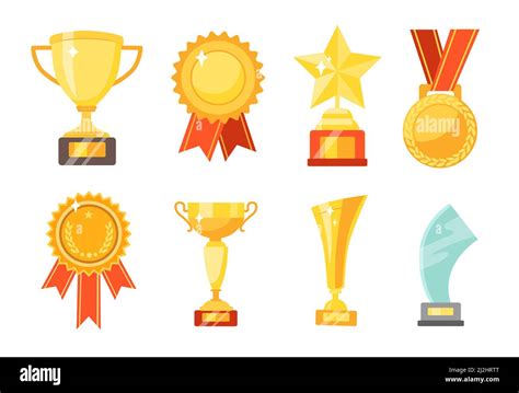 Gold Cups And Awards Flat Vector Illustrations Set Collection Of