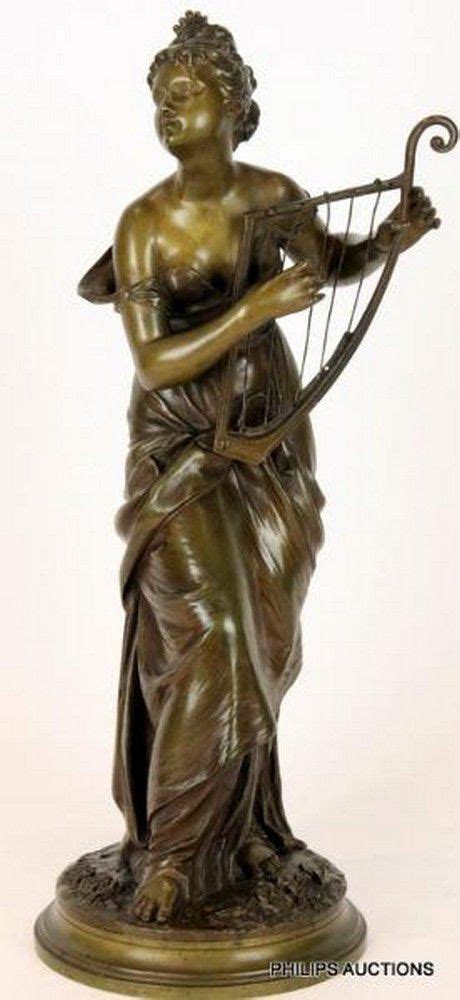 Patinated Bronze Lyre Harp Player Figurine Figures Groups Sculpture