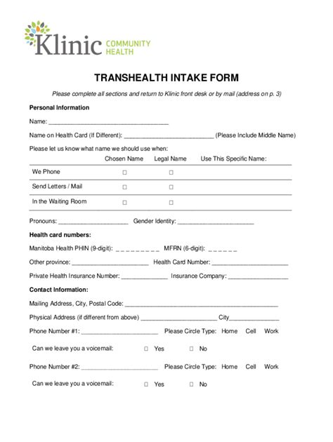 Fillable Online Klinic Mb Initial Intake Form Transgender Health And Wellness Center Fax Email