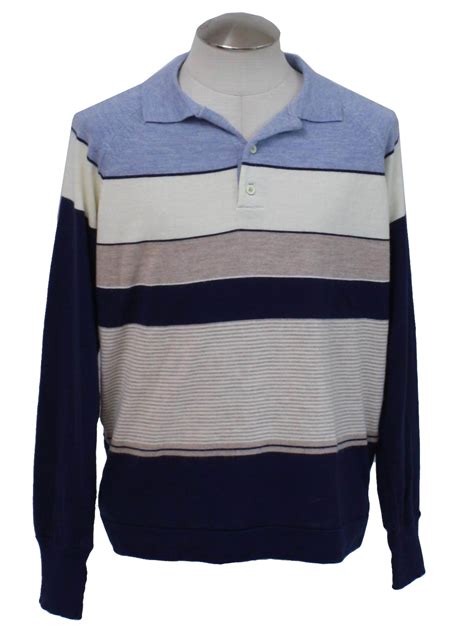 1980s Retro Knit Shirt 80s Jc Penny Mens Navy Blue Off White Tan