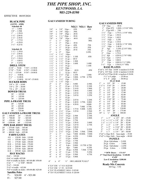 The Pipe Shop Inc Kentwood La Price Sheet