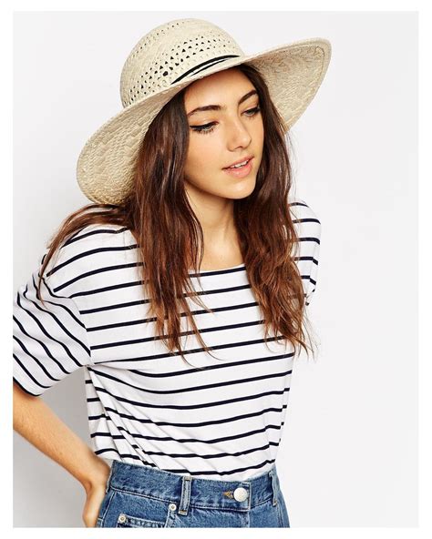 Asos Asos Straw Floppy Hat With Thin Bow Trim In White Lyst