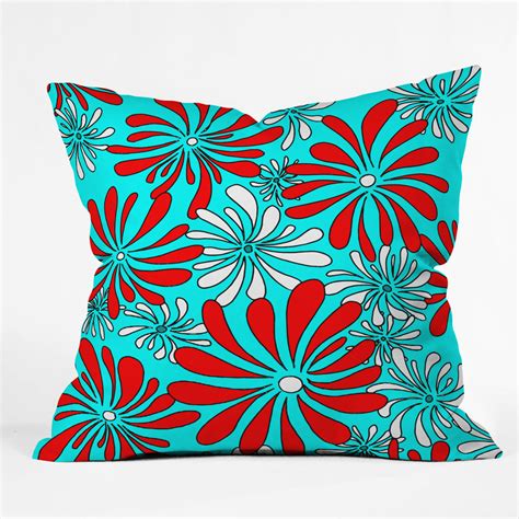 Swirly Flower Aqua Red Throw Pillow Madart Inc