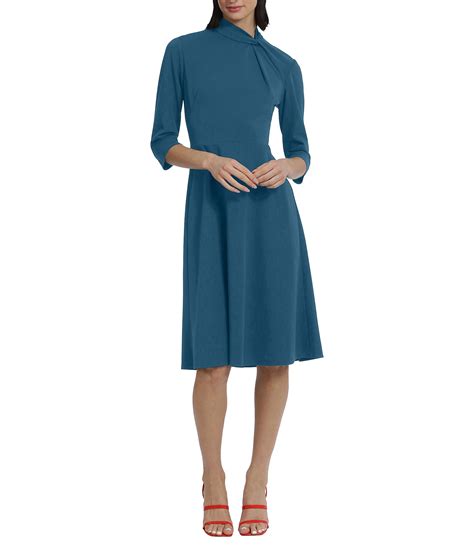 Donna Morgan Twisted Mock Neck Stretch Crepe A Line 34 Sleeve Dress