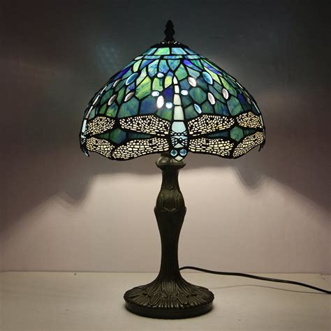 levang Tiffany Style Table Lamp Sea Blue Stained Glass Dragonfly Style ...