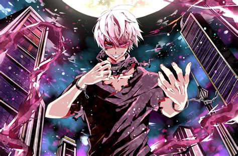 арт motoki2211 аниме токийский гуль tokyo ghoul kaneki ken парень луна маска город дома ночь HD ...