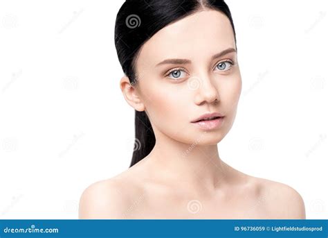 Naked Brunette Woman Looking At Camera Isolated On White Stock Image